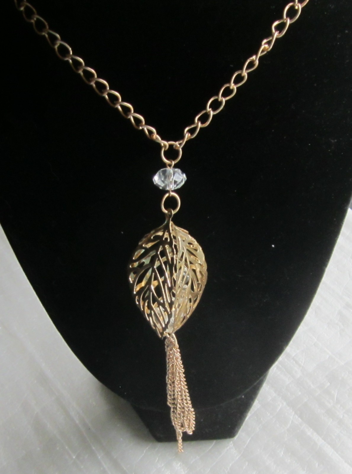 Filigree Gold Tone Leaf Pendant with Inside Clear Settings 30 in. Necklace