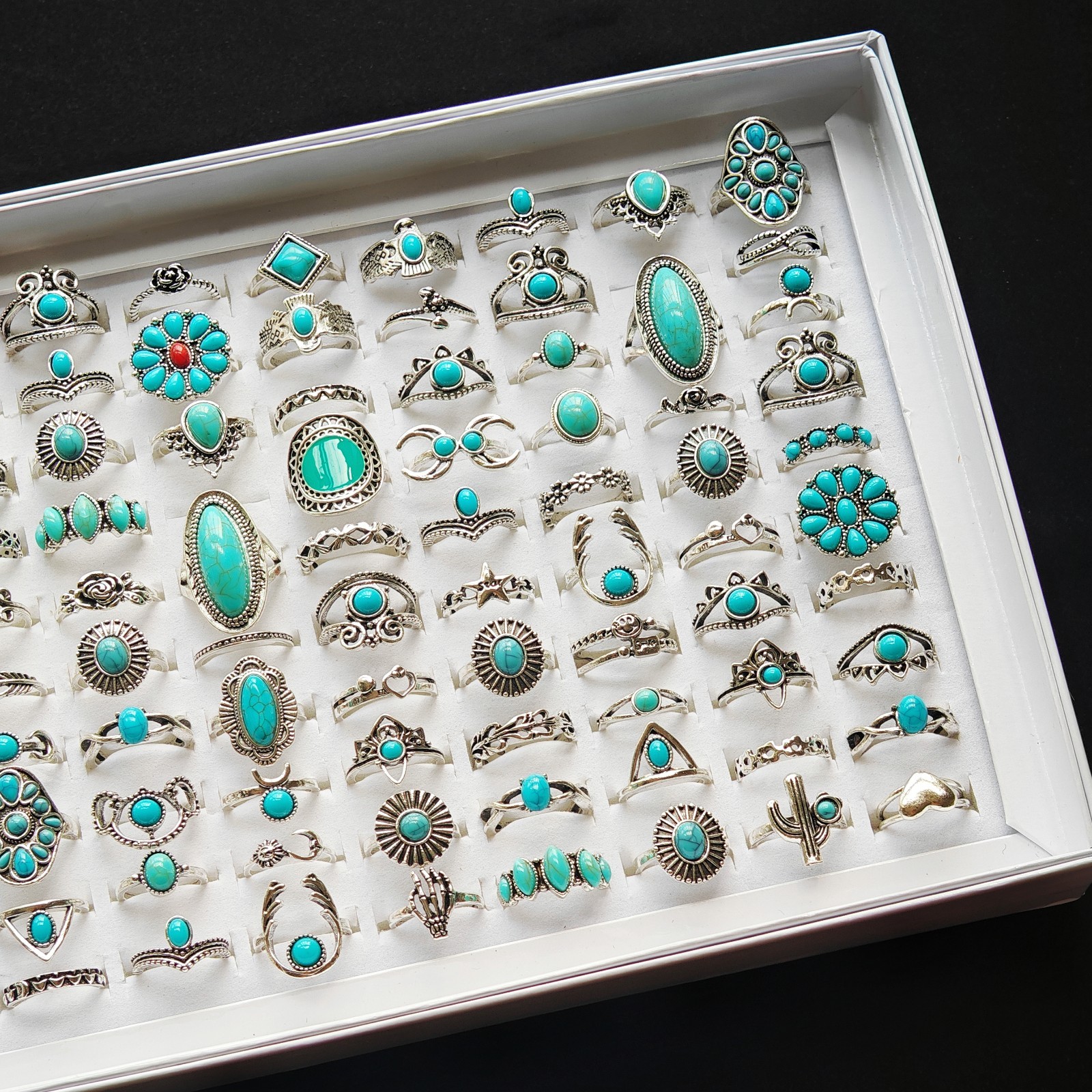 Wholesale 50/100pcs Mixed Vintage Turquoise Rings Antique Silver Boho Beach Gift