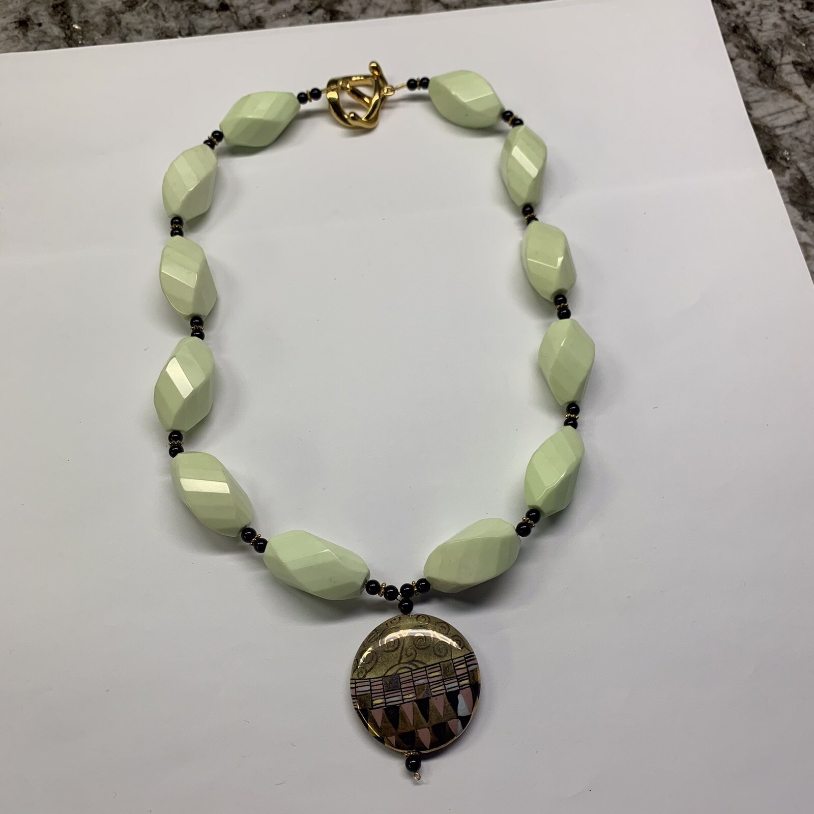 Beautiful Light Green Beaded Costume Jewelry Necklace With Hand Painted Pendant