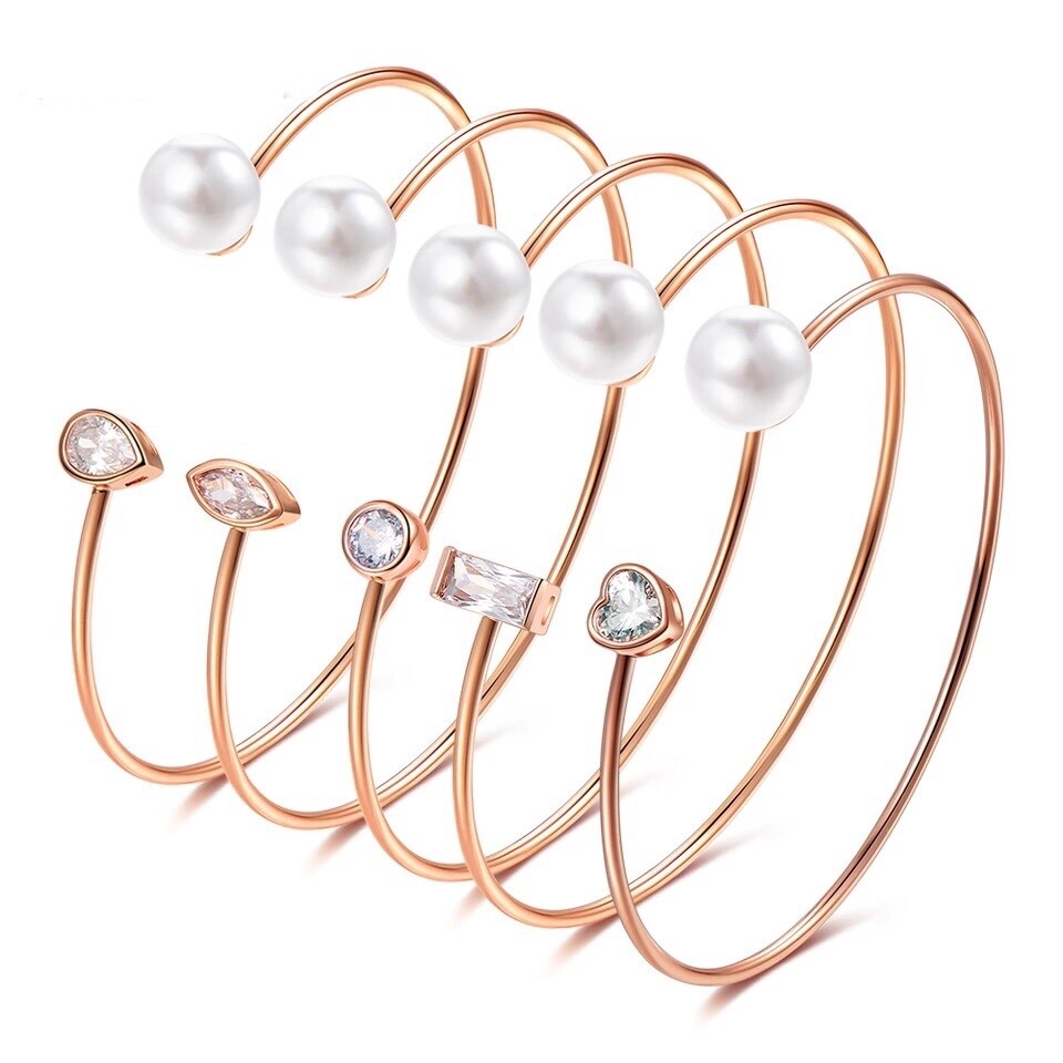 ZARD Pearl Cuff Bracelet with Cubic Zirconia Accent in Rose Gold Plating