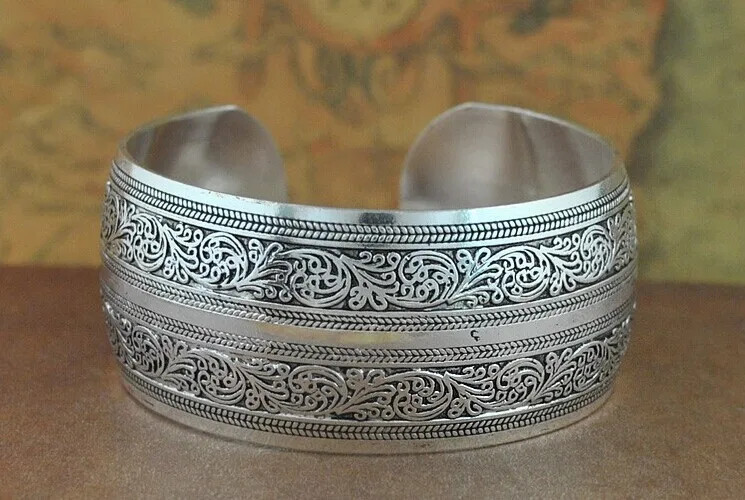 Classi Cuff Bracelet Tibetan Silver Plated Carved Flower Animal Opening Bangle