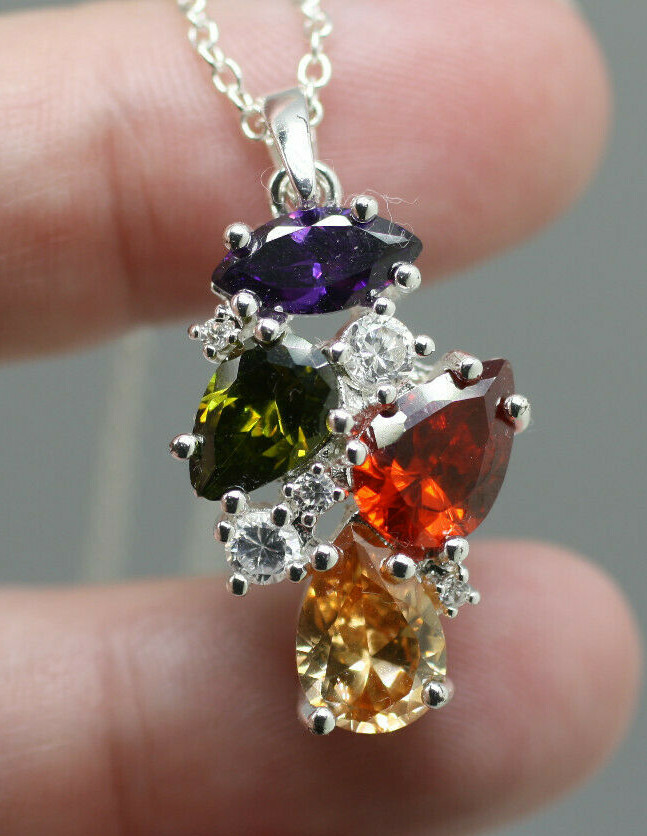 NVC glam bold colorful red purple green silver tone pendant chain necklace 16″