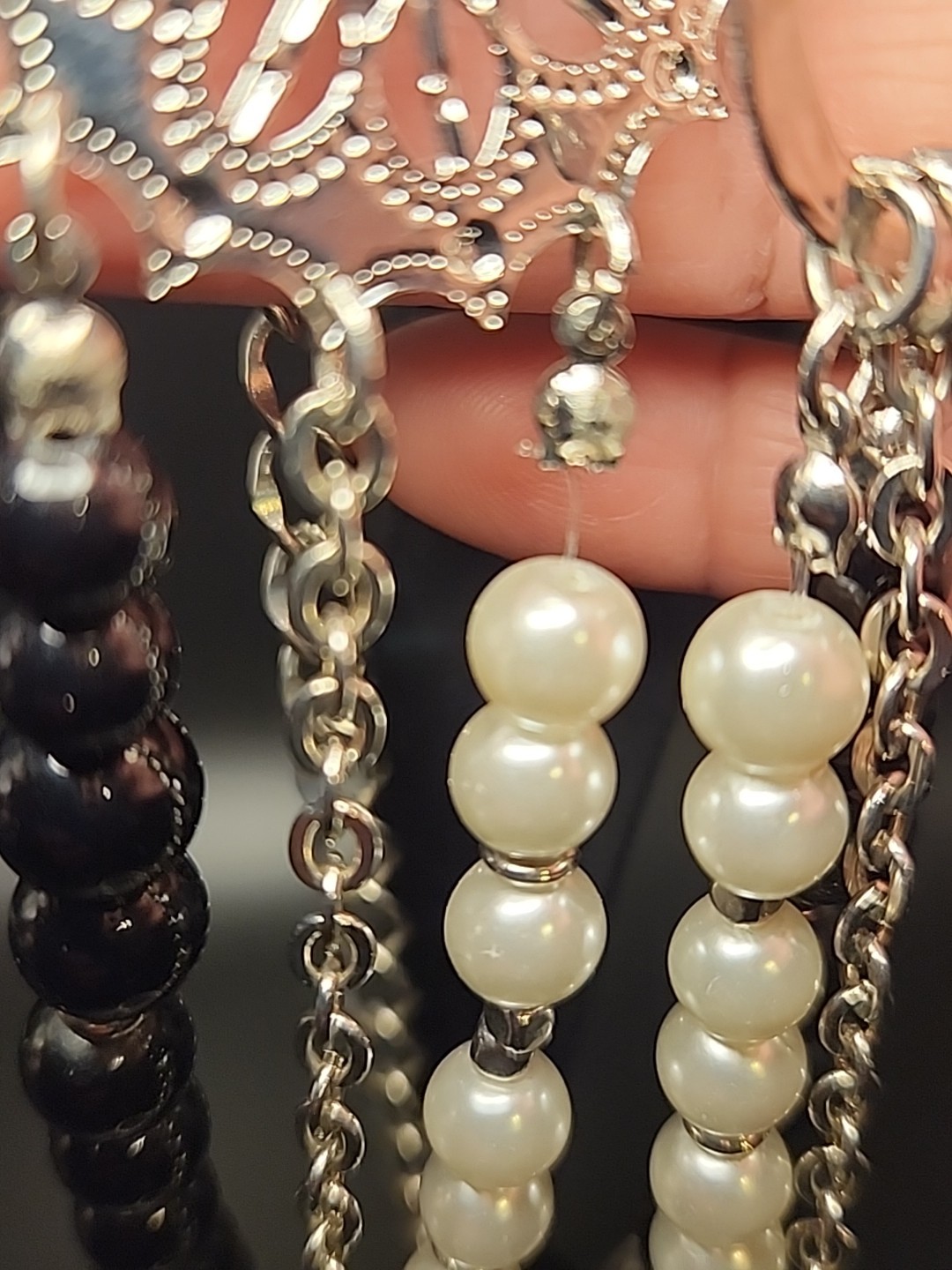 NY 41″ Adjustable Layered Necklace Faux Pearls, Silvertoned Chain, Black Acrylic