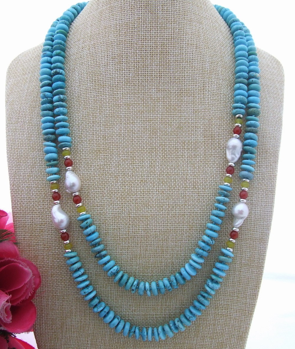 57″ Disc Blue turquoise White keshi Pearl Red Agate long station Necklace