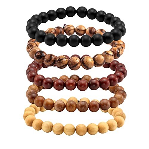 5Pcs Natural Wood Bracelets with Hematite Stone Cross Religious Tibetan A