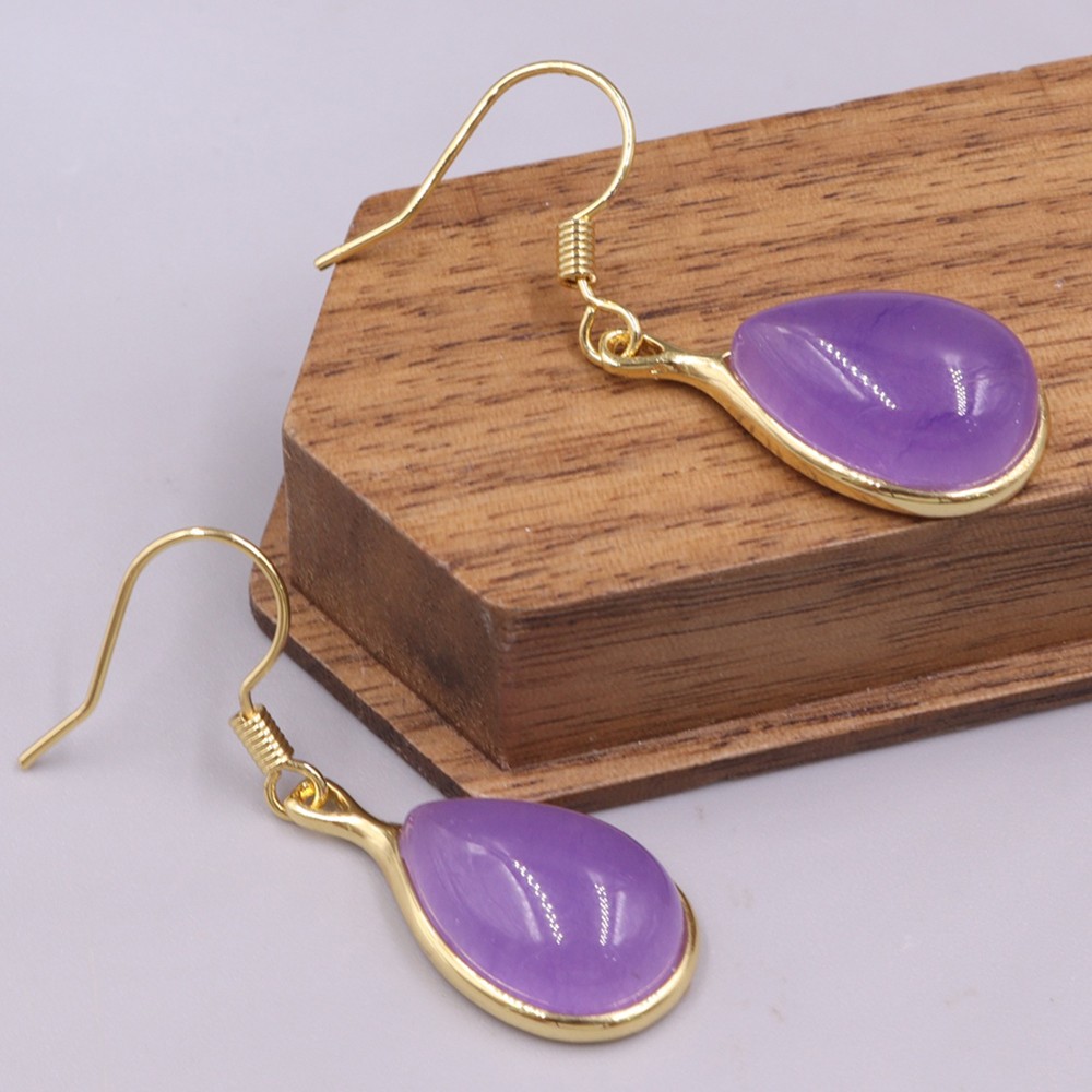 Gold Plated Alloy Heated Purple Jade Raindrop Charm Dangle Earrings 35mm H
