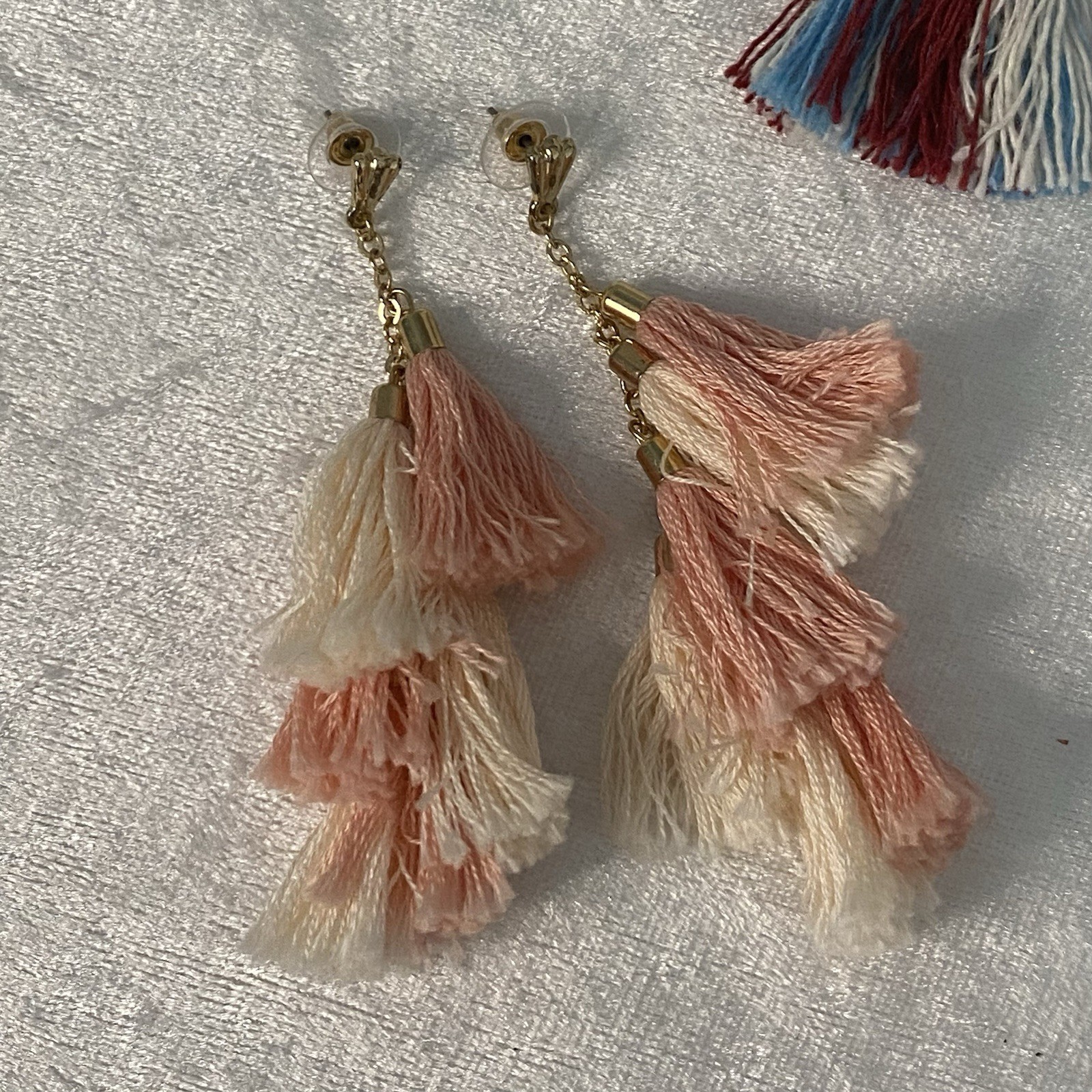 Tassel Earrings Macrame Triangle Wood Pink Gold Tone Floral Cross Stitch Patriot