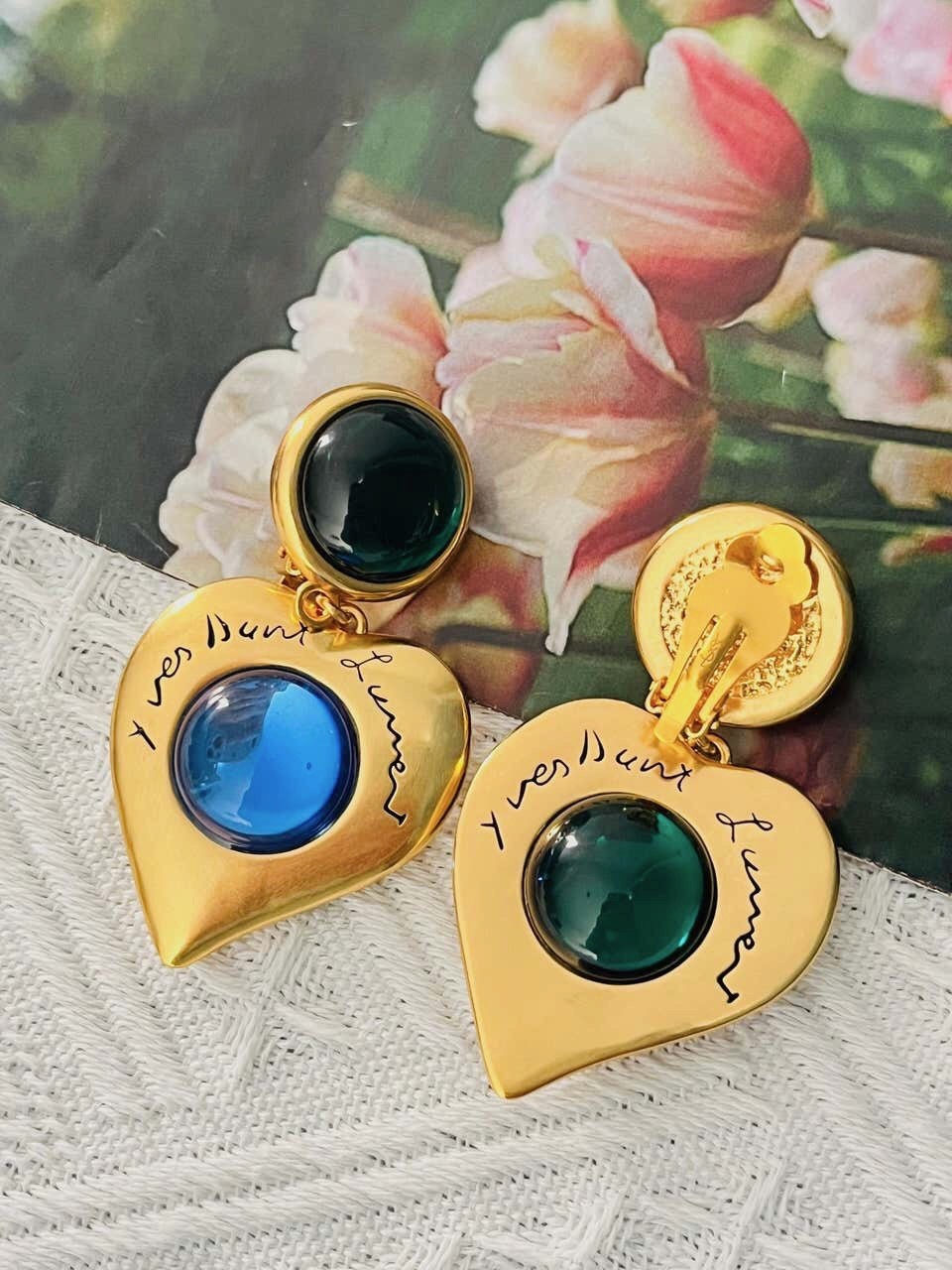 Yves Saint Laurent YSL Gripoix Emerald Sapphire Heart Logo Double Drop Earrings