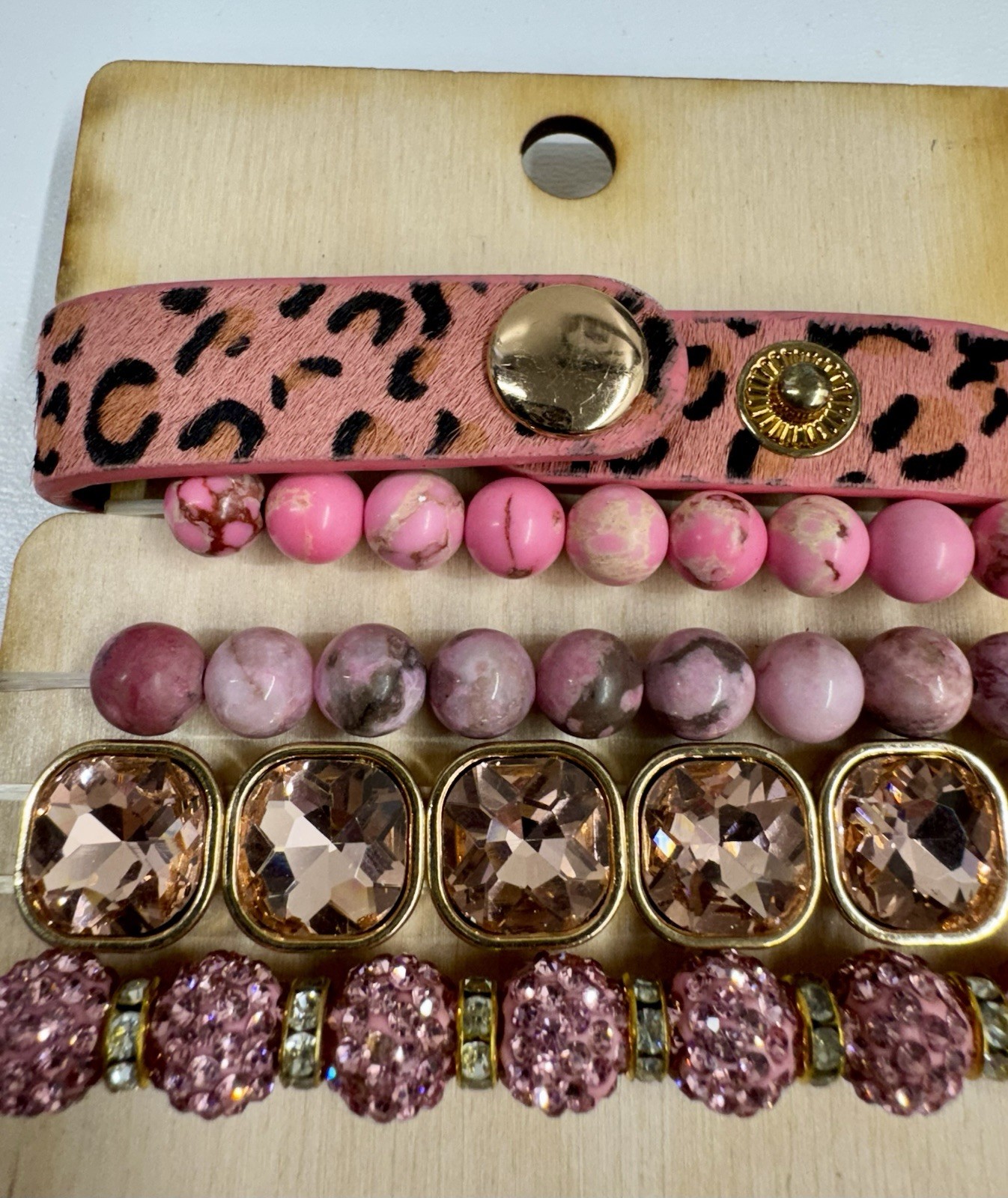SANDRA LING UPCYCLED BRACELET STACK ACRYLIC AND GLASS LEATHER GOLD TONE PINK
