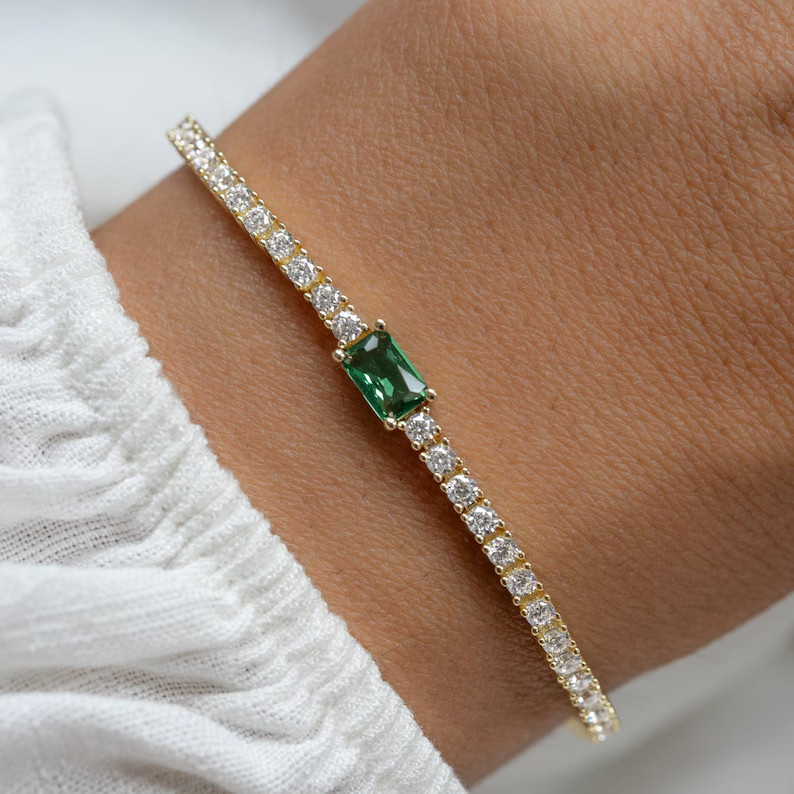 9Ct Emerald Simulated Emerald Engagement Tennis Bracelet 14K Yellow Gold Plated
