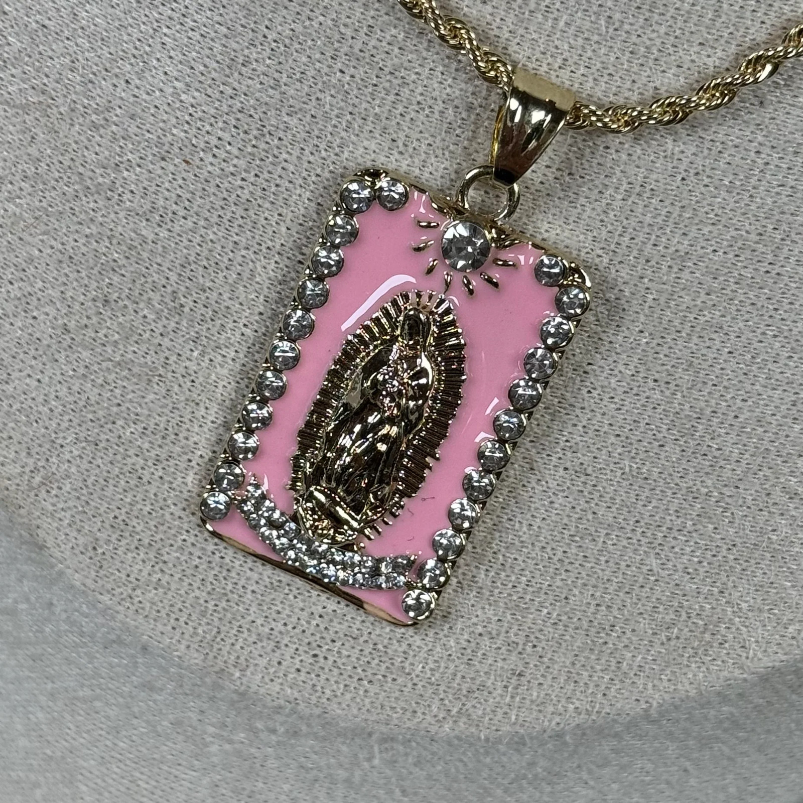 Virgin Mary, Guadalupe pendent, 20” chain, CZ diamonds