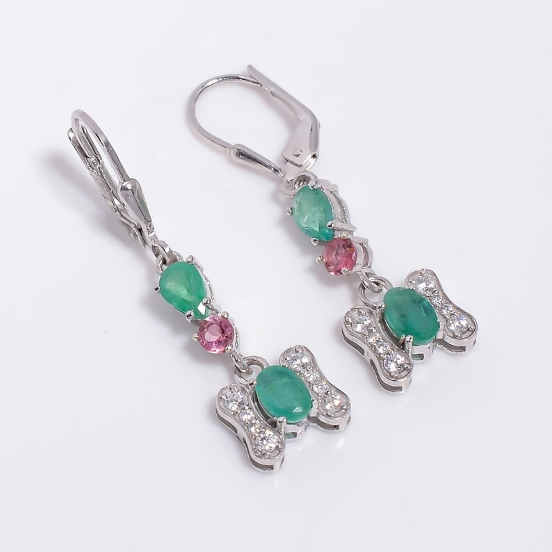 Natural Emerald Pink Tourmaline Sterling Silver Dangle Earrings May Gift