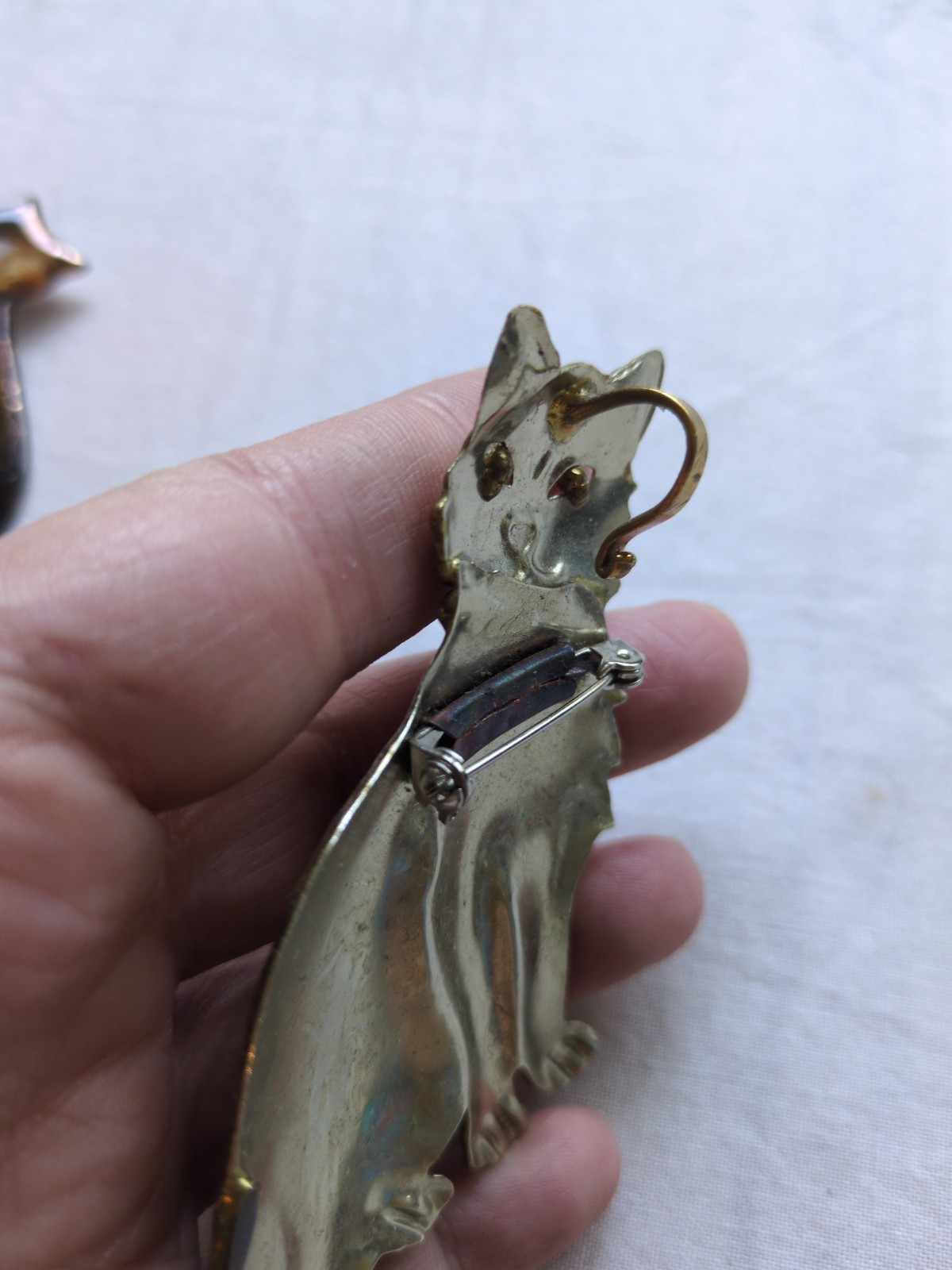 Vintage Cat Brooch Pin Lot Of 2, Mexican Mixed Metal And Pottery Artist Signed