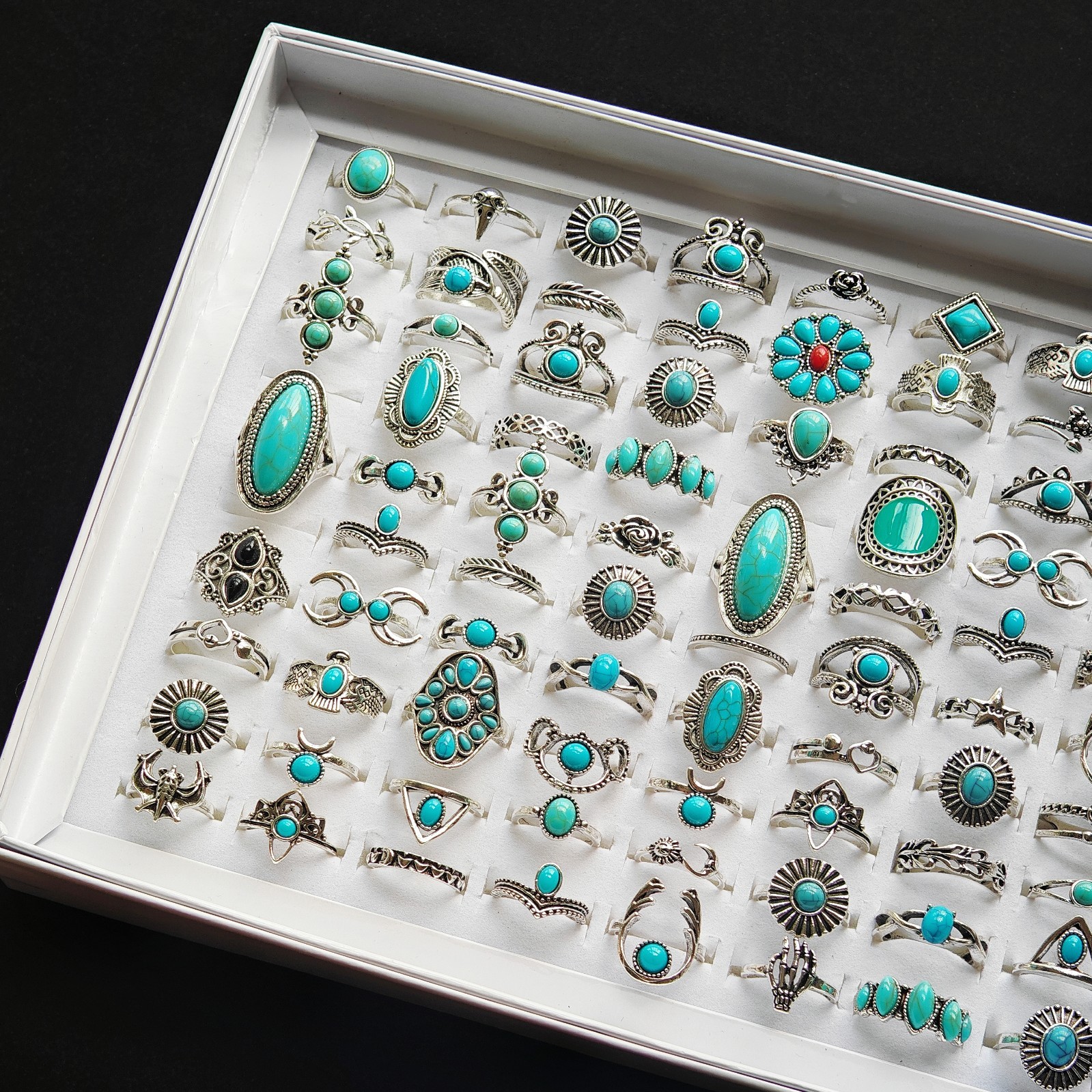 Wholesale 50/100pcs Mixed Vintage Turquoise Rings Antique Silver Boho Beach Gift