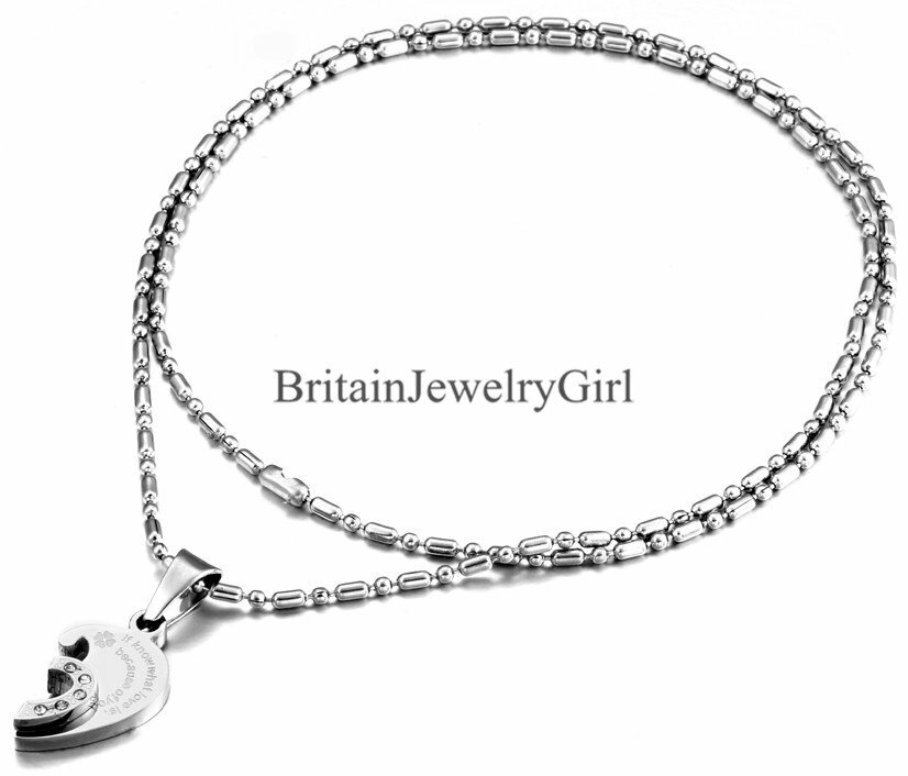 2PCS Stainless Steel Matching Heart Pendant Men’s Women’s Couple Chain Necklace