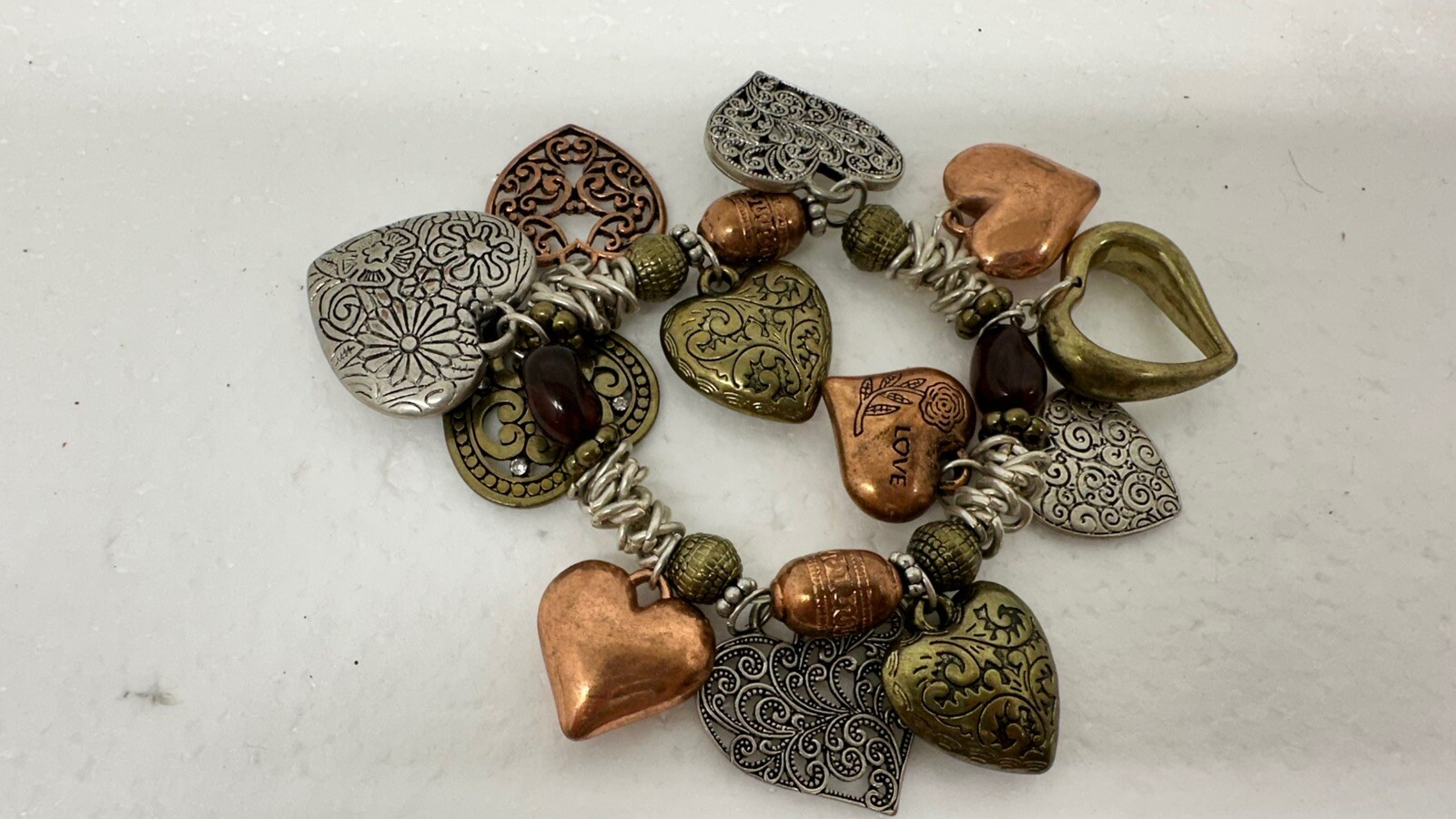 Liza Kim Multi Heart Silver, Copper, Gold Tone Charm Stretch Bracelet