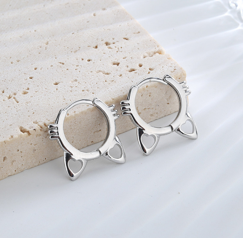 Women Girl Sterling Silver Plated Cat Face Head 12mm Huggie Hoop Earrings I123