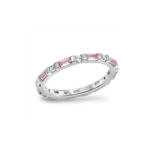 .925 Sterling Silver Stackable Pink Clear CZ Promise Eternity Ring Size 5 to 10