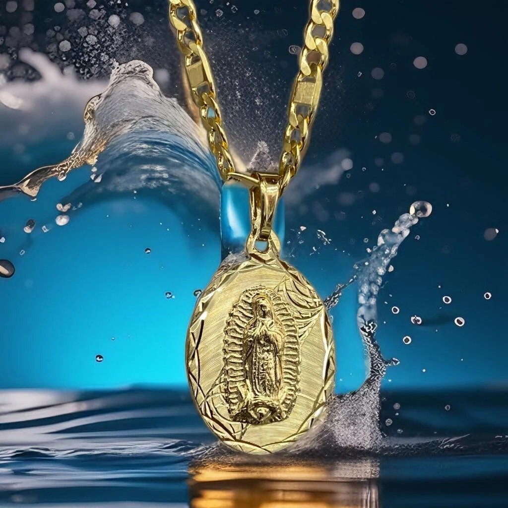 Virgen de Guadalupe Pendant 14K Necklace GF Curb Link Chain Jewelry For Womens