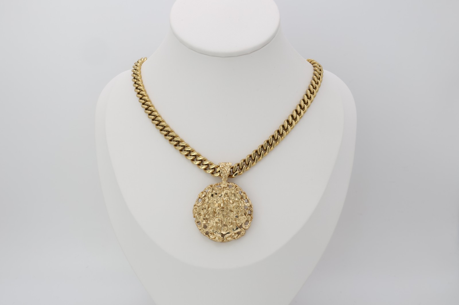 Gold Nugget Necklace, Round Nugget Pendant, 7mm Curb Chain, 14k Gold Plated