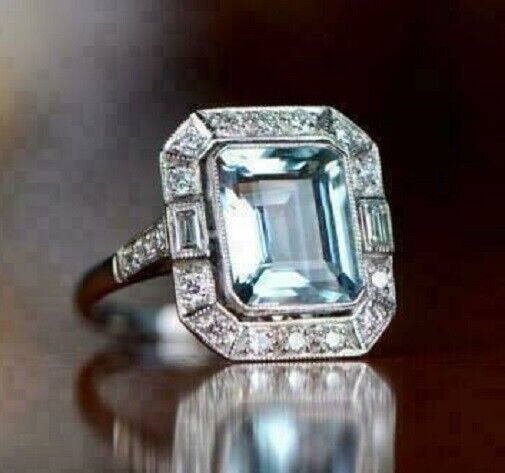 Emerald Cut Lab Created Aquamarine Halo Engagement Ring 14k White Gold Plated