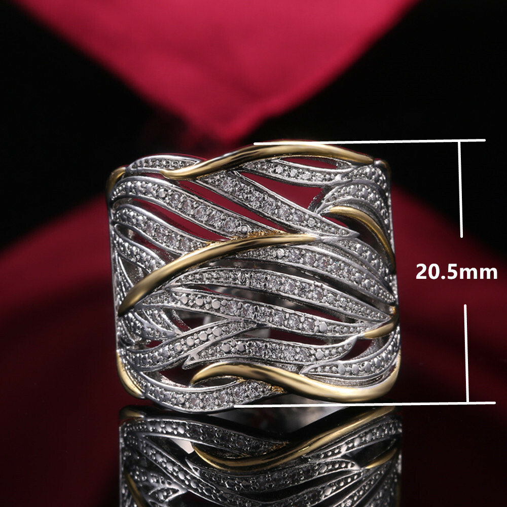 Fashion Two Tone 925 Silver Filled Ring Women Cubic Zircon Wedding Ring Sz 6-10