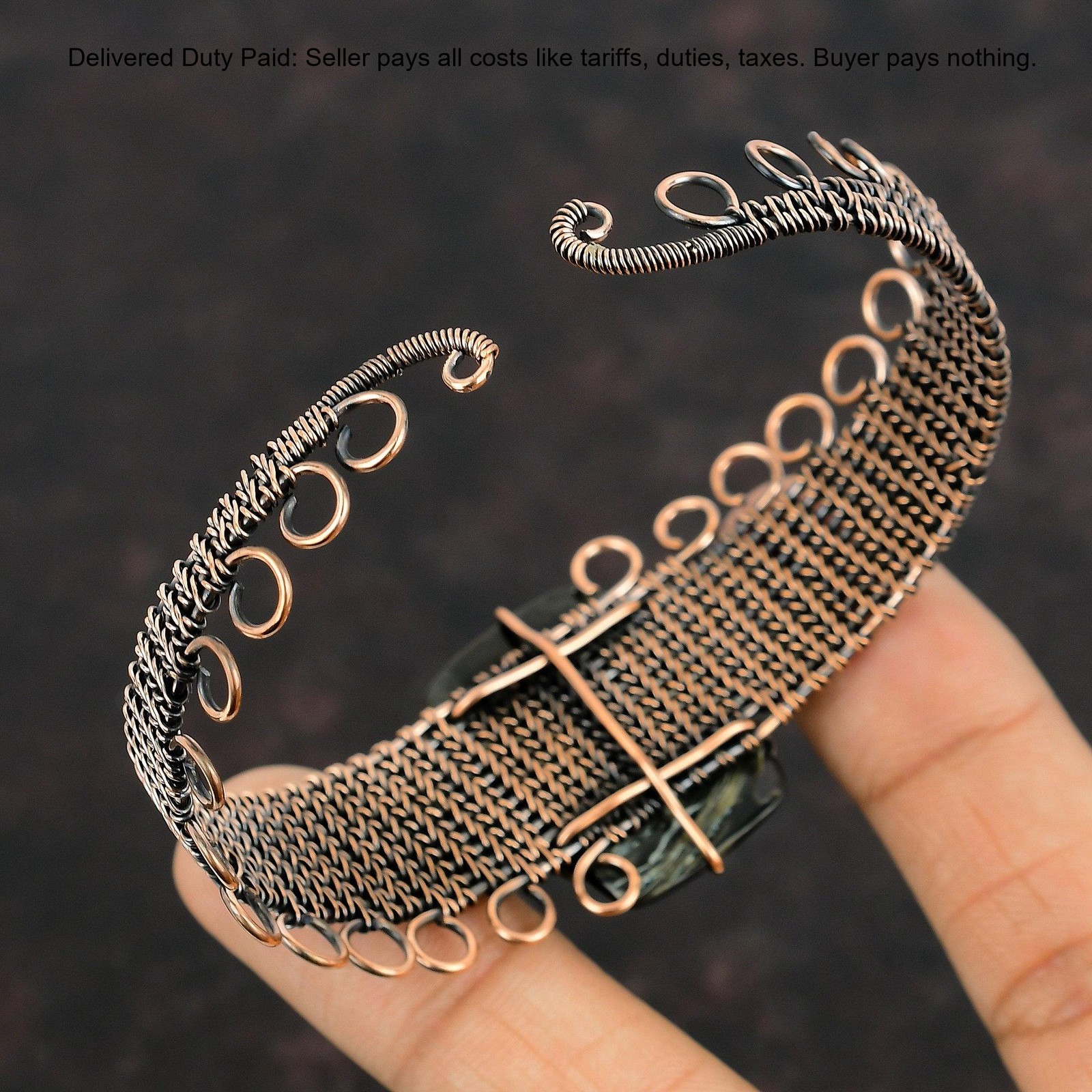 Copper Black Mother Of Pearl Stone Anniversary Wire Wrapped Wife Bangle Bracelet