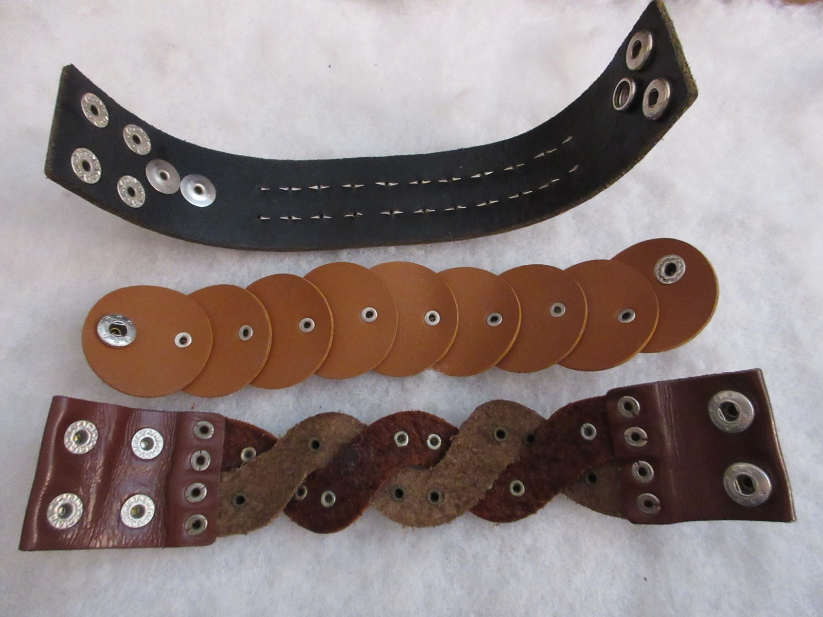 3 Leather Wrap Bracelets SilverTone Studs Snap Clasp Black Brown Tan 7.5-9″ Adj.