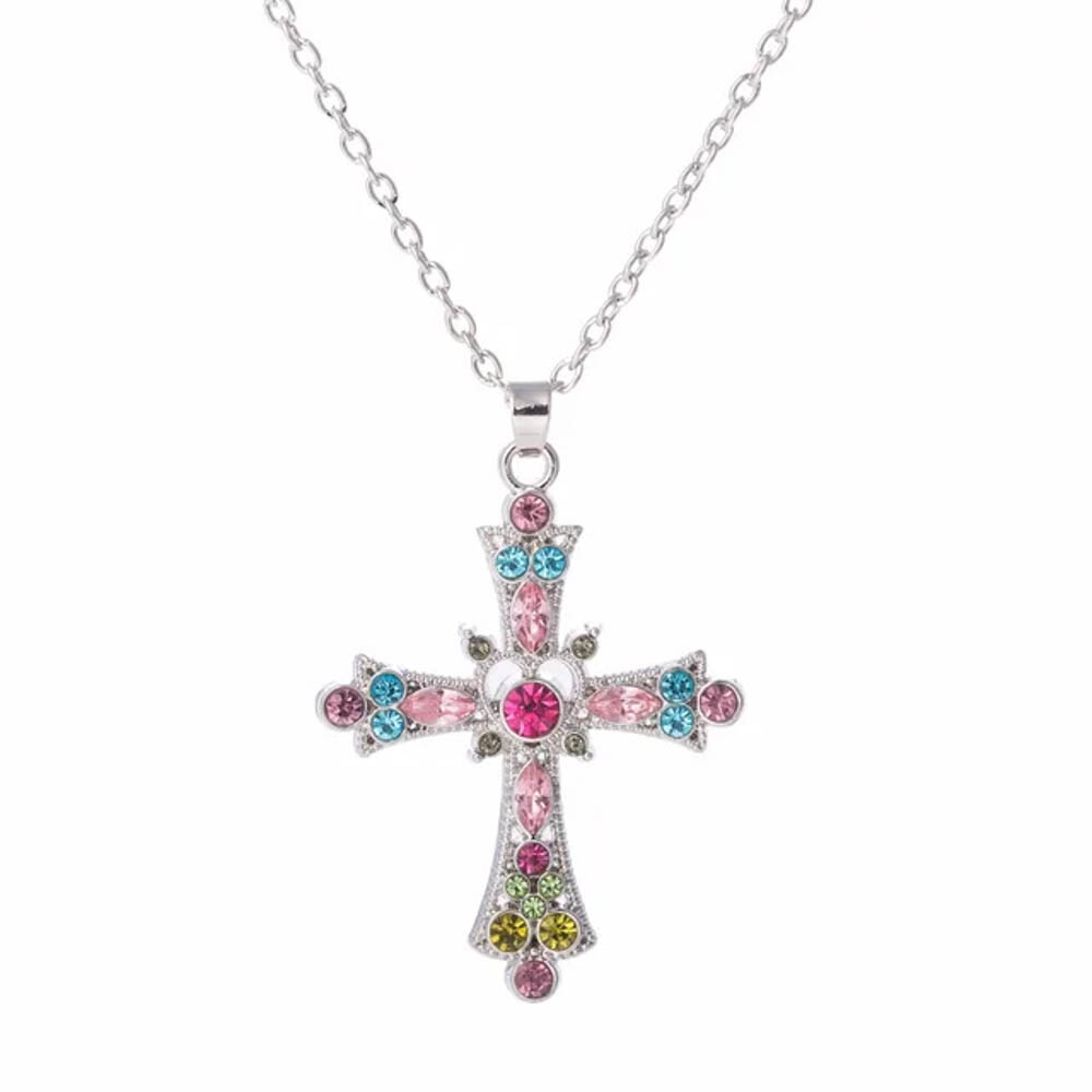 Sparkling Crystal Cross Pendant Necklace – Zinc Alloy, 18″ Chain, 2 Colors