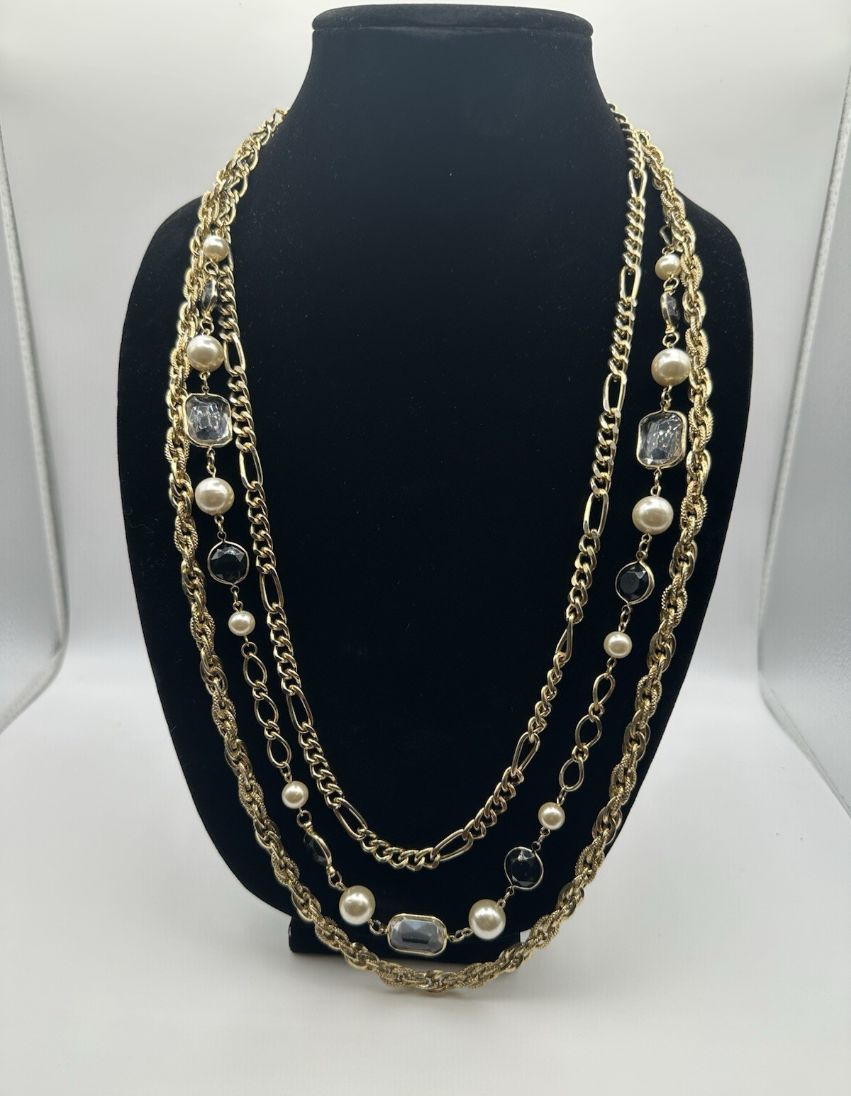 Statement Necklace Gold Tone Layered Cable Chain Sim Pearl Black Clear Beads