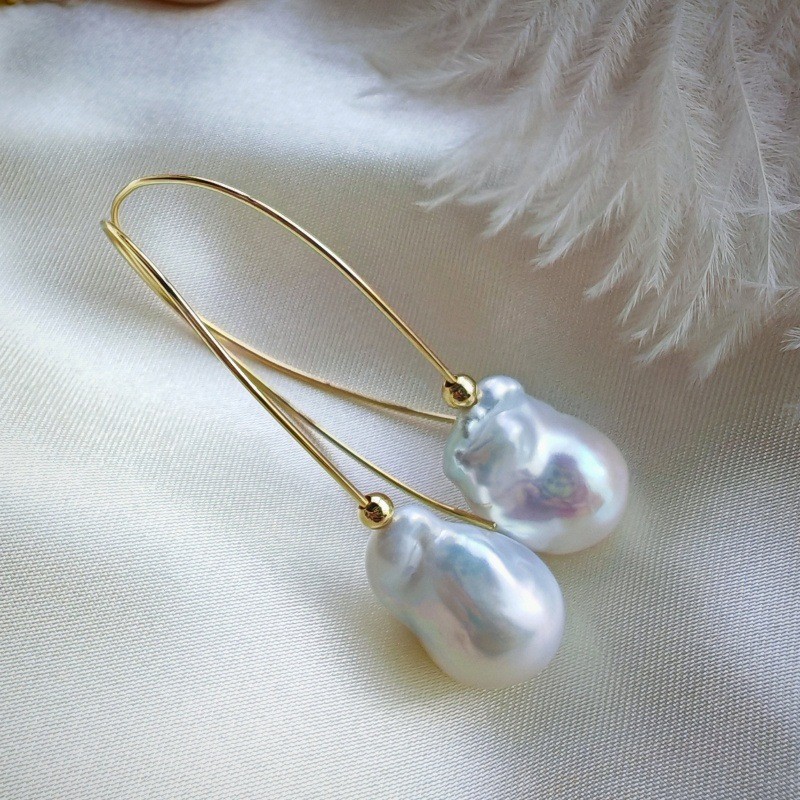 Handmade Baroque Pearl Wire Hoop Drop Earrings Daily Elegant Women Jewelry