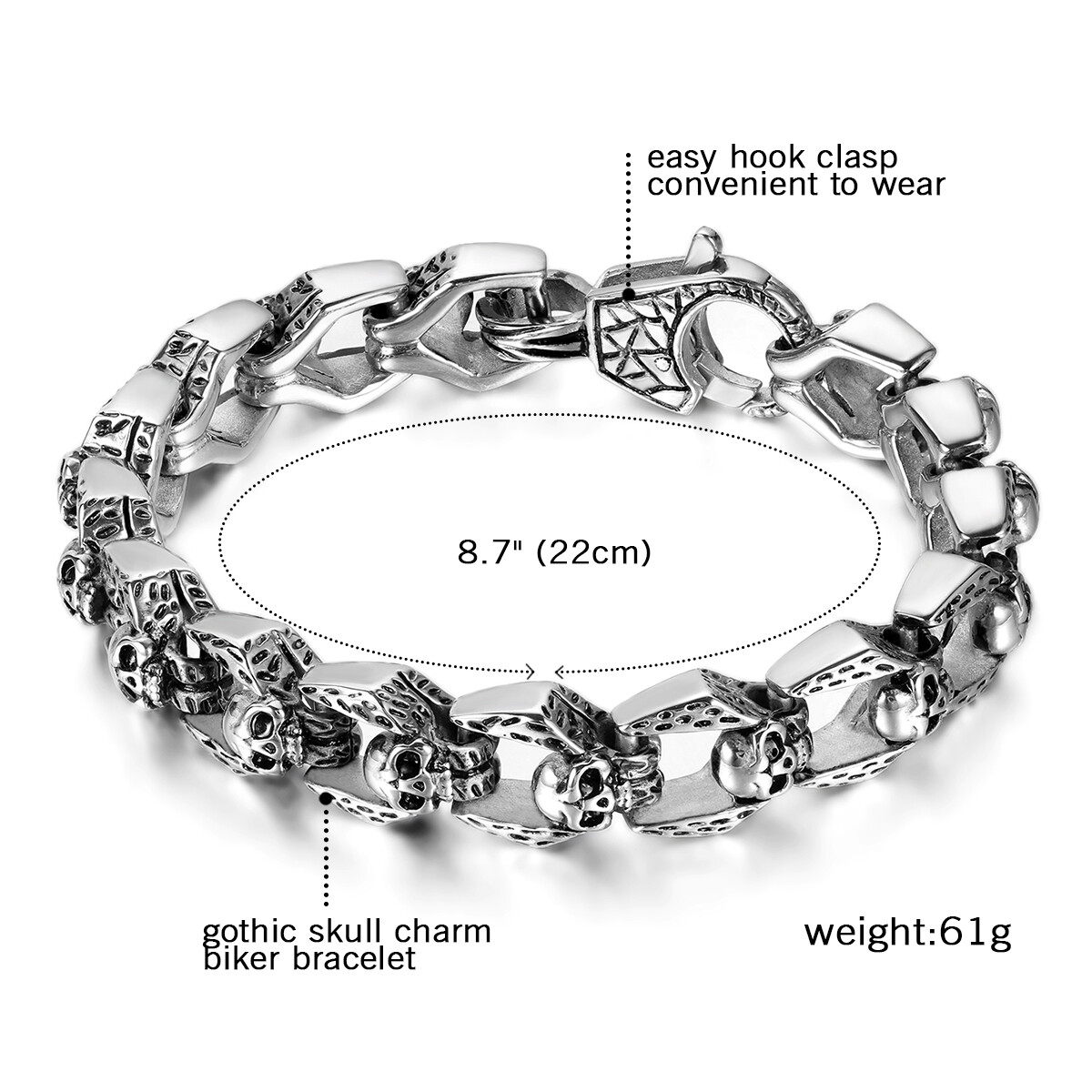 Gothic Biker Skull Link Bracelet for Men Stainless Steel Polished Silver 8.7”