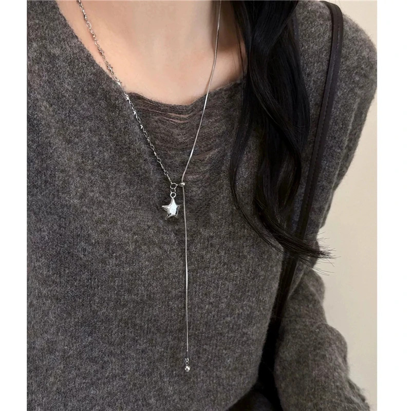 Silver Color Asymmetrical Star Pendant Adjustable Snake Chain Necklace for Women