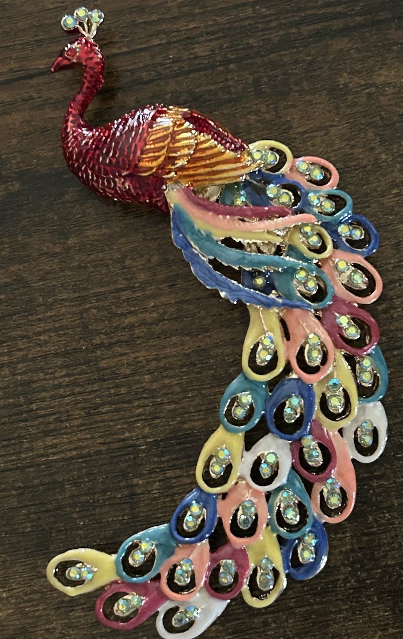 Just In…Beautiful 5” Crystal Enamel Peacock Bird Brooch Gold
