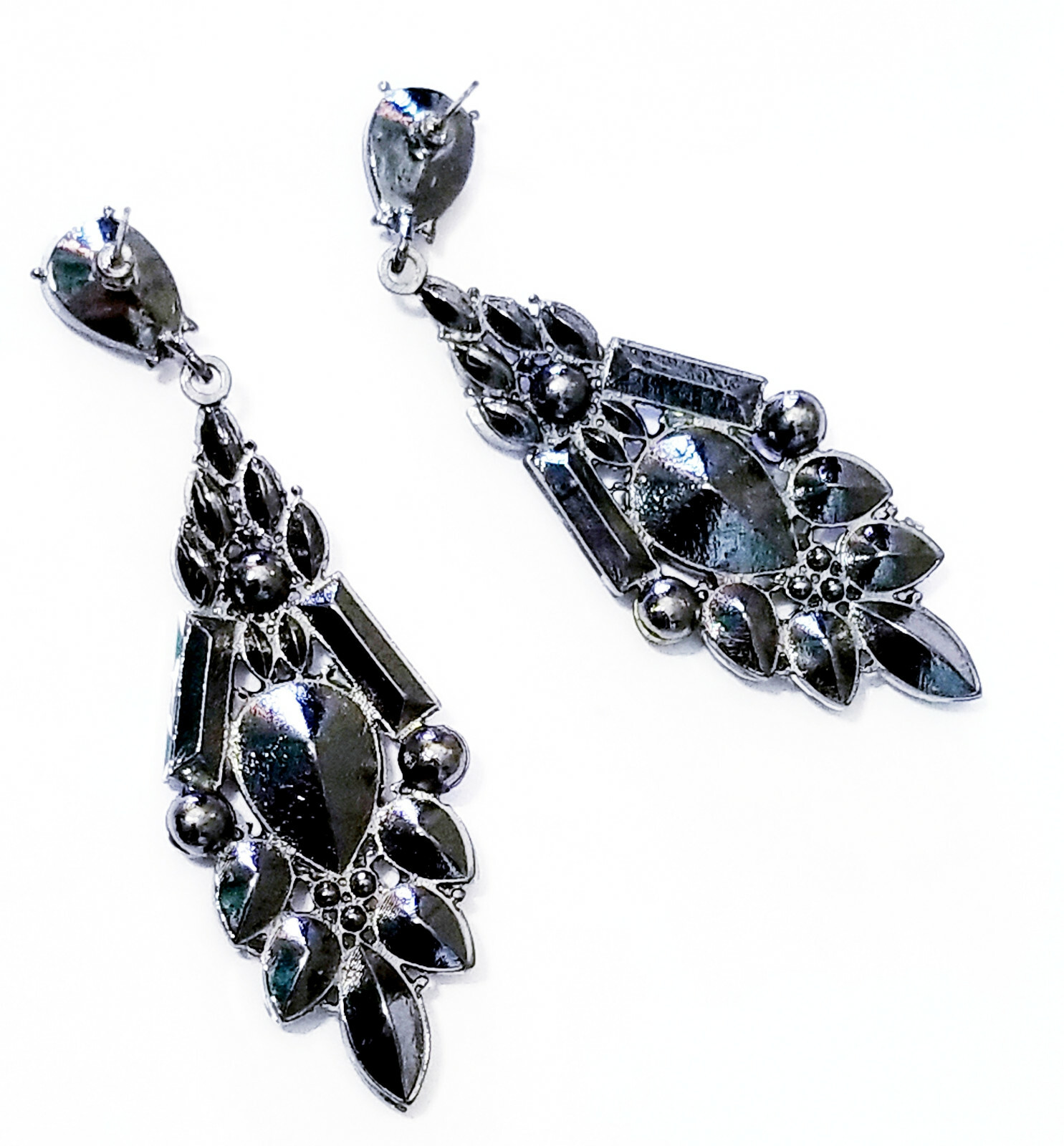 Gray Rhinestone Chandelier Drop Earrings Steampunk Prom Pageant Jewelry 3.2 in