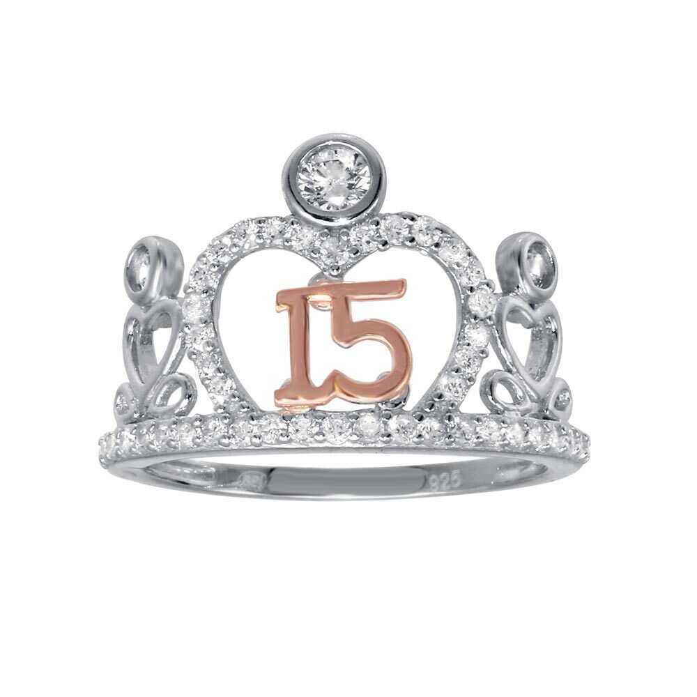 Sterling Silver Two Tone 15 Anos Quinceanera Tiara CZ Stones Ladies Ring