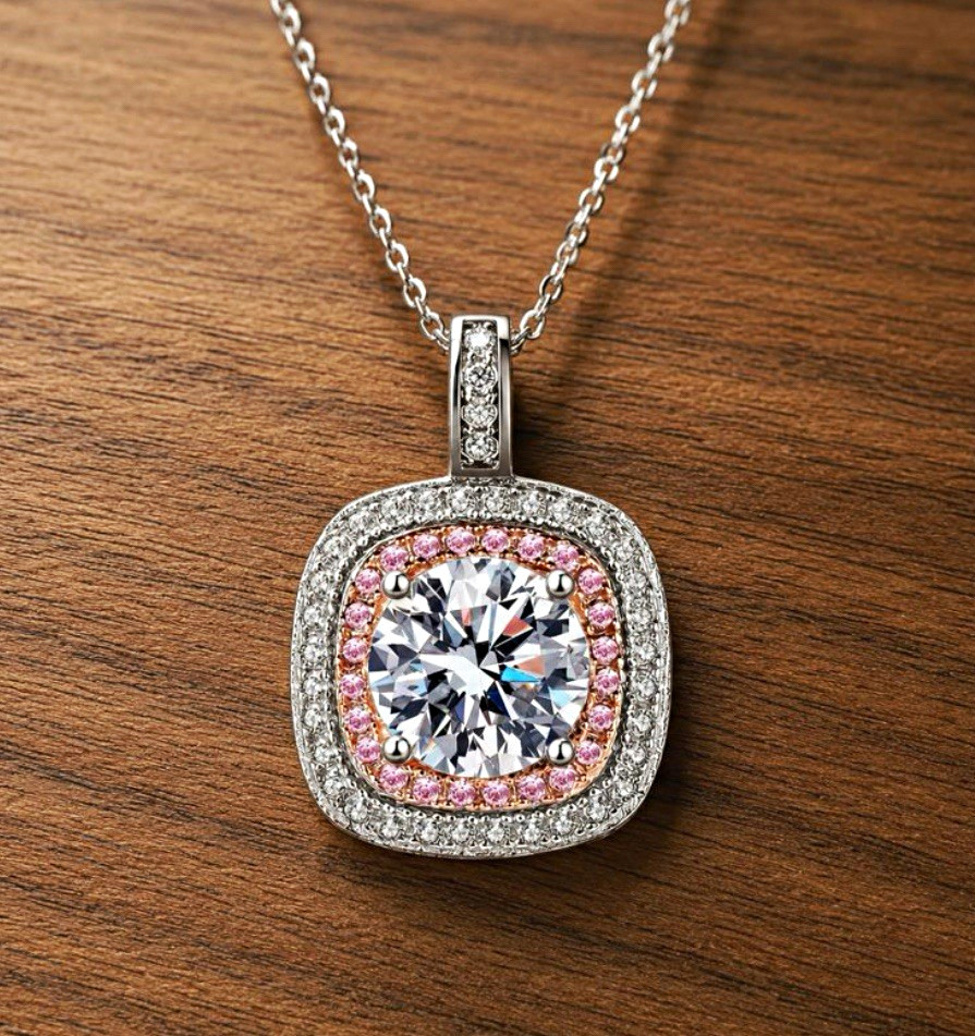 Silver Tone Cushion Halo Pendant Cable Chain Necklace Pink Clear Crystal
