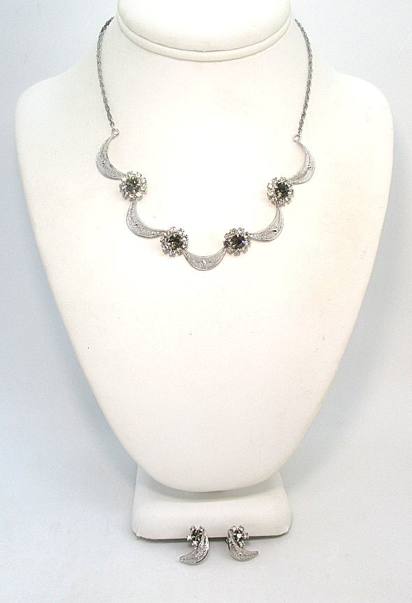 Sterling Silver Necklace and Earrings w White and Gray Rhinestones 12.0 grams