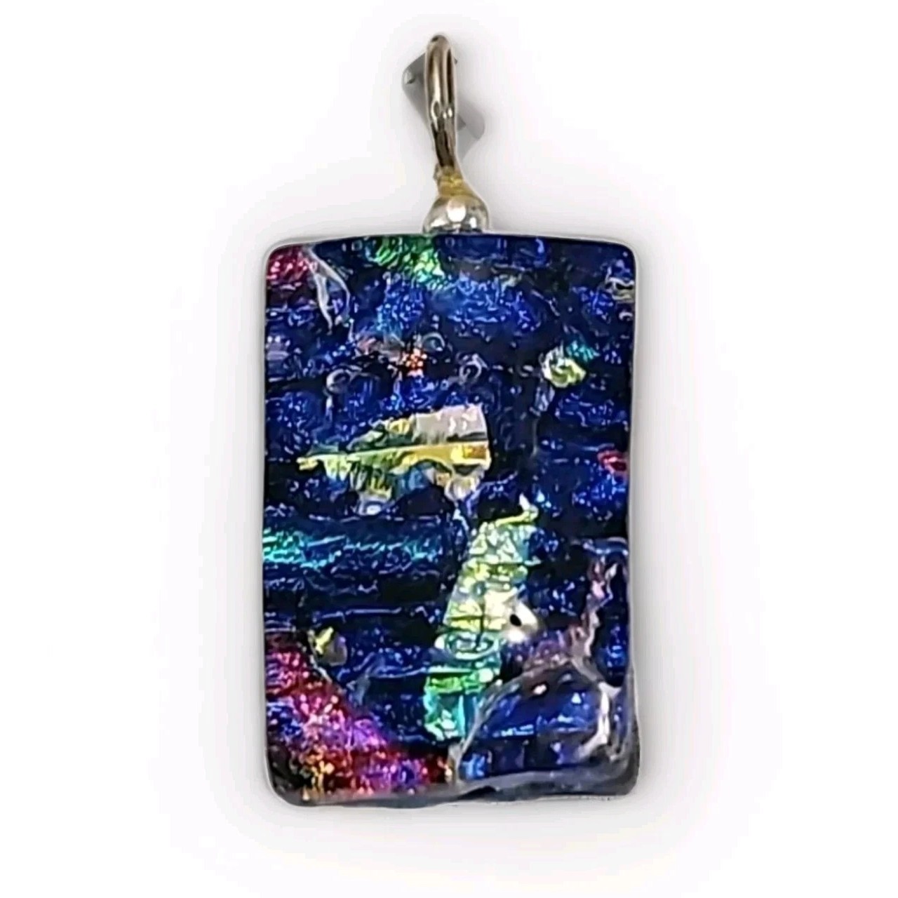 90’s Retro Vibe Artisan Dichroic Art Fused Glass Pink Blue Necklace Pendant