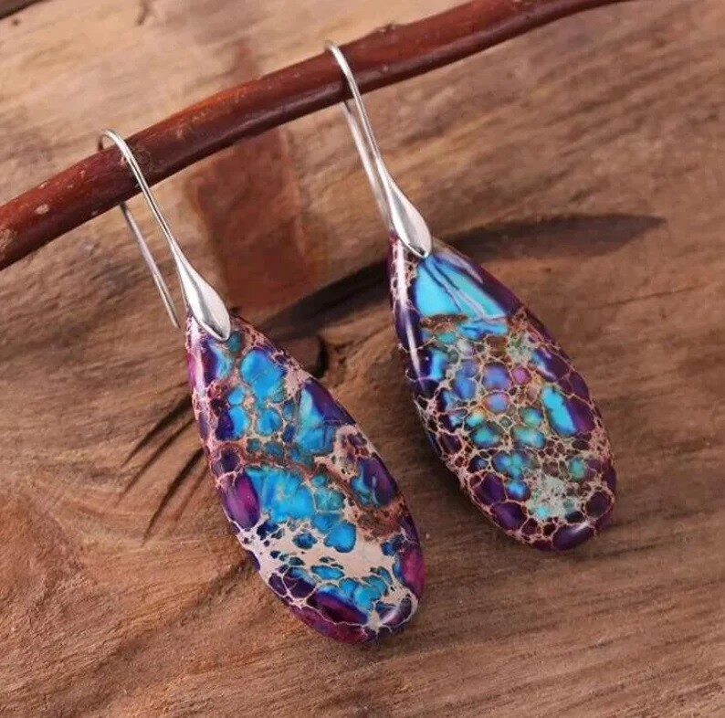 Natural Imperial Jasper Stone Teardrop Dangle Earrings Silver Hook Drop Earrings