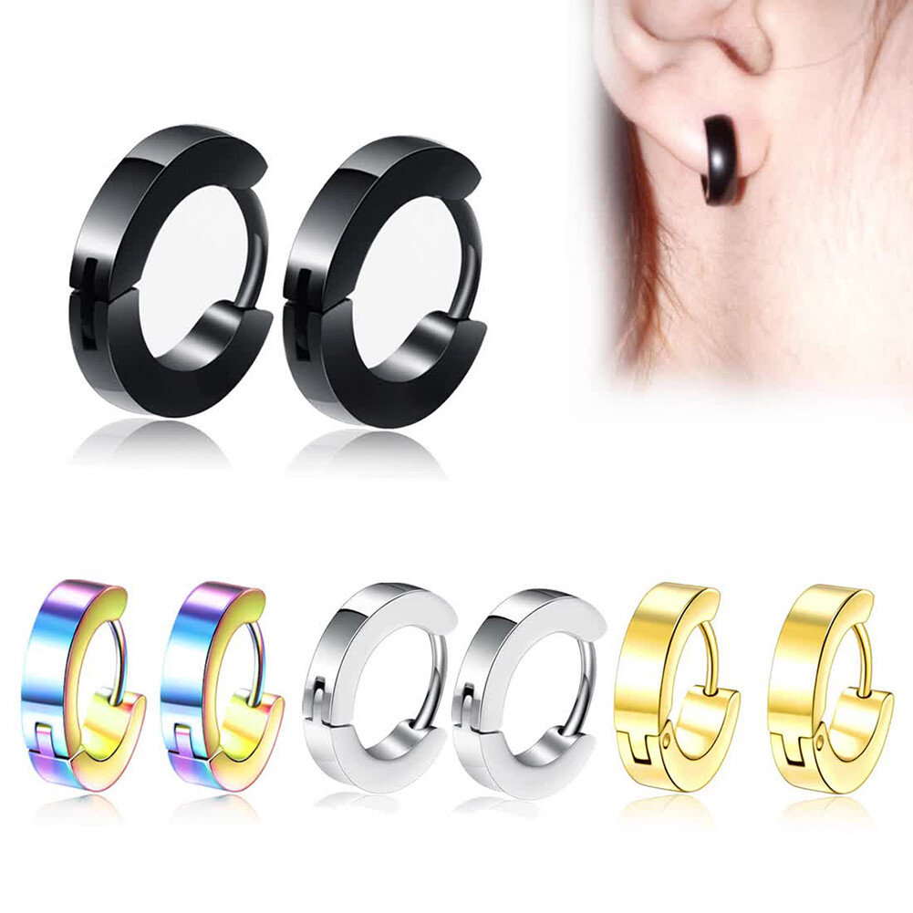 1 Pairs Women’s Men’s Punk Stainless Steel Hoop Loop Huggie Ear Stud Earrings