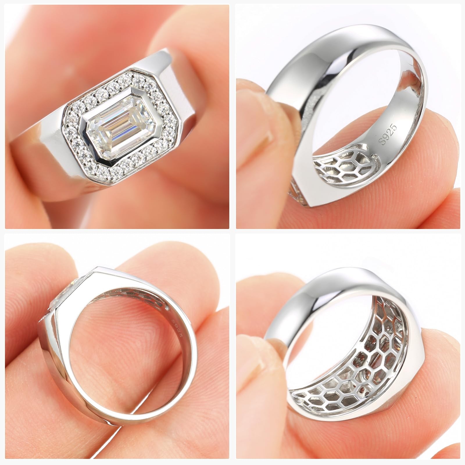 Moissanite Ring for Men, 1.2CTTW D Color VVS1 Clarity Emerald Cut Vintage Eng…