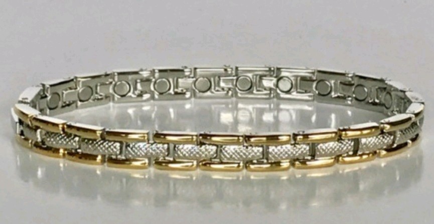 Magnetic Bracelet STAINLESS STEEL Silver n Middle Gold Plated Outside Size 7.5″