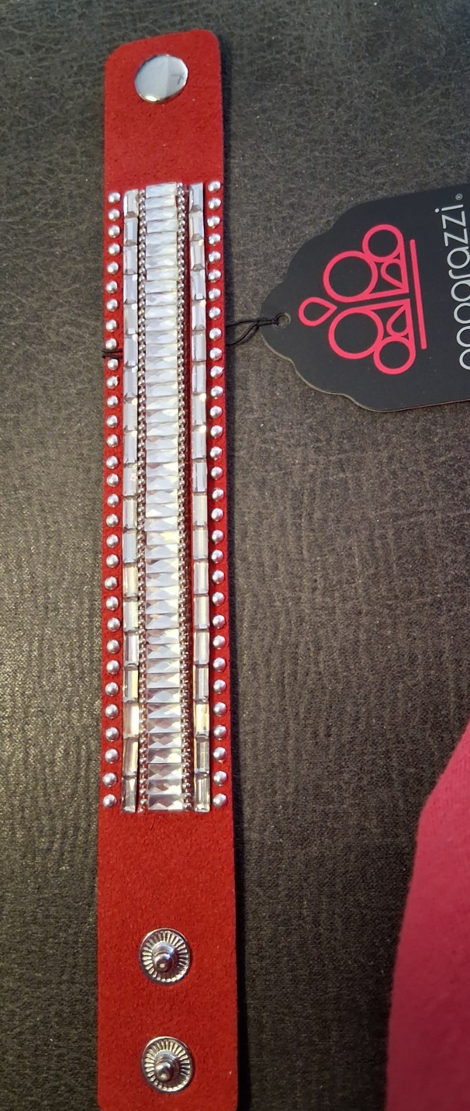Paparazzi Red Faux Leather Wrap Bracelet w/ Clear Baguette Crystal, Snap, Adj