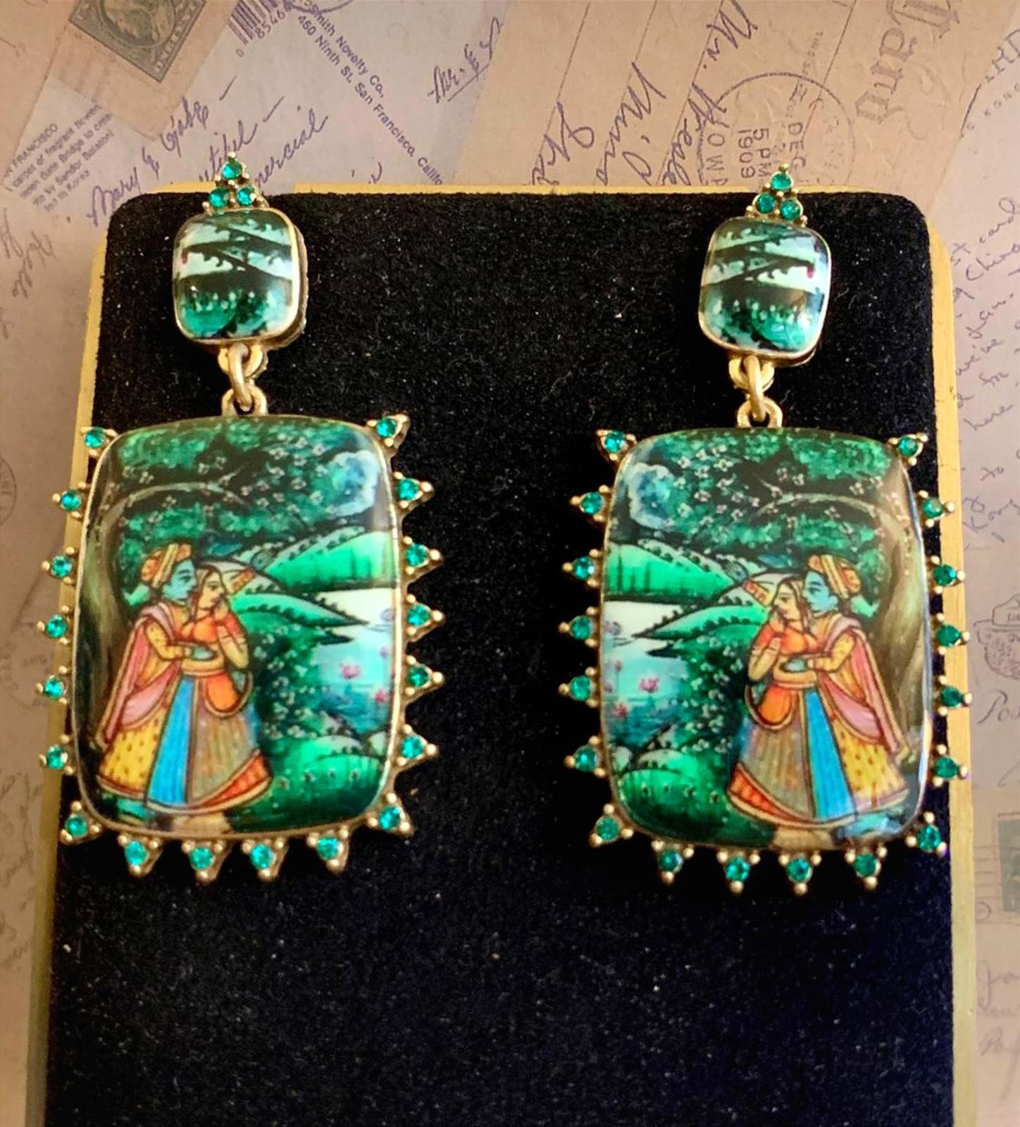 Extraordinary Handpainted Miniature Krishna Rhinestone Statement Dangle Earrings