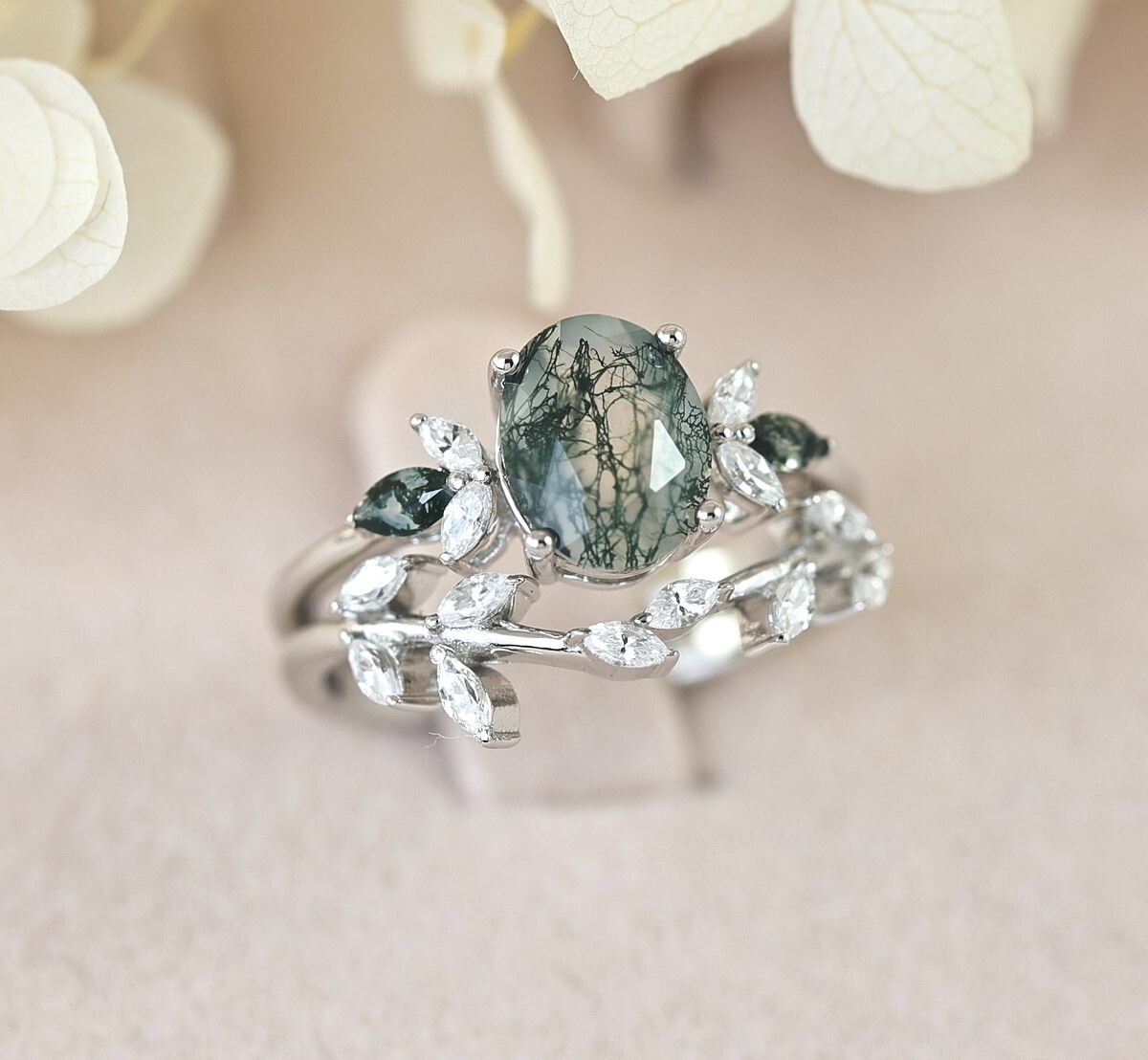 Floral Moss Agate Engagement Ring & Wedding Band Ring Set Sterling Silver S14275