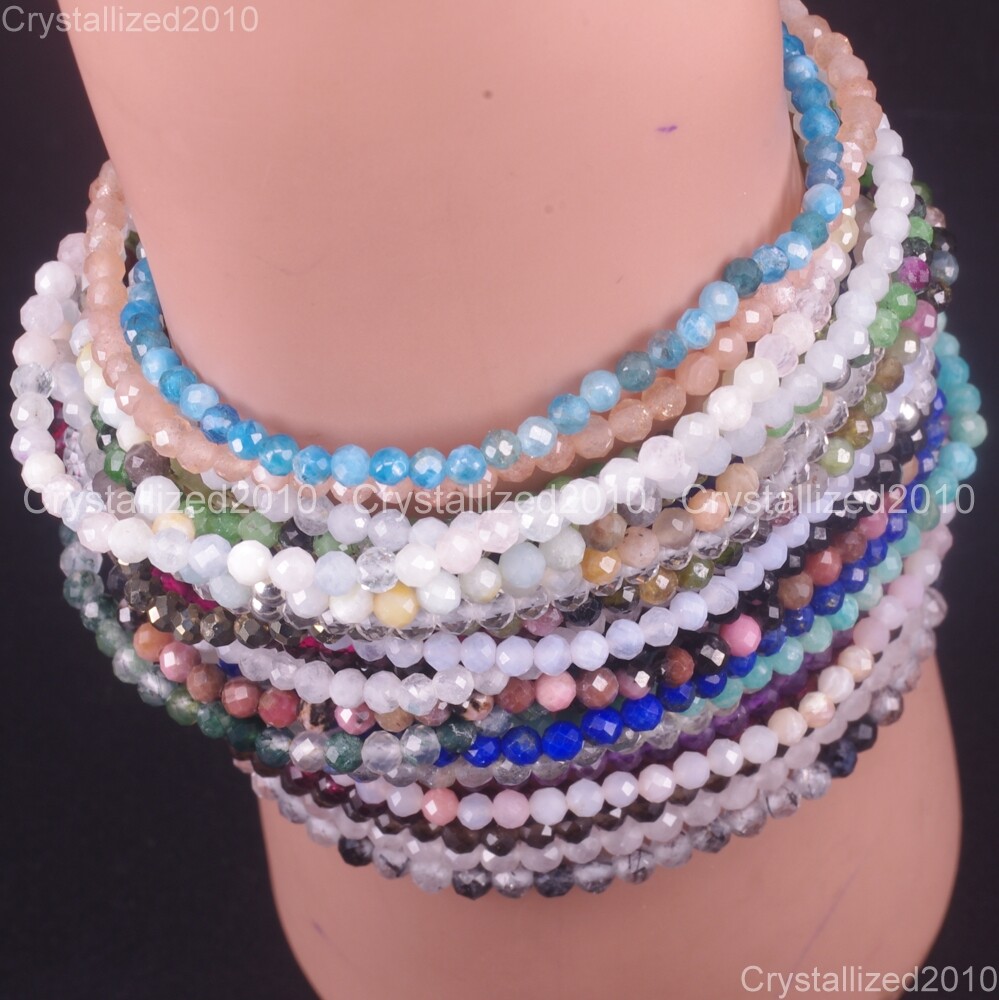 Natural Faceted Round Gemstone 2mm 4mm Handmade 925 Silver Stretchy Bracelet 6.5