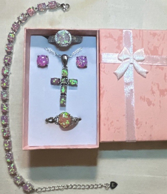 DEAL! Pink Fire Opal Cross Necklace, Earrings, Bracelet, 2 Rings 10 & 11 Set