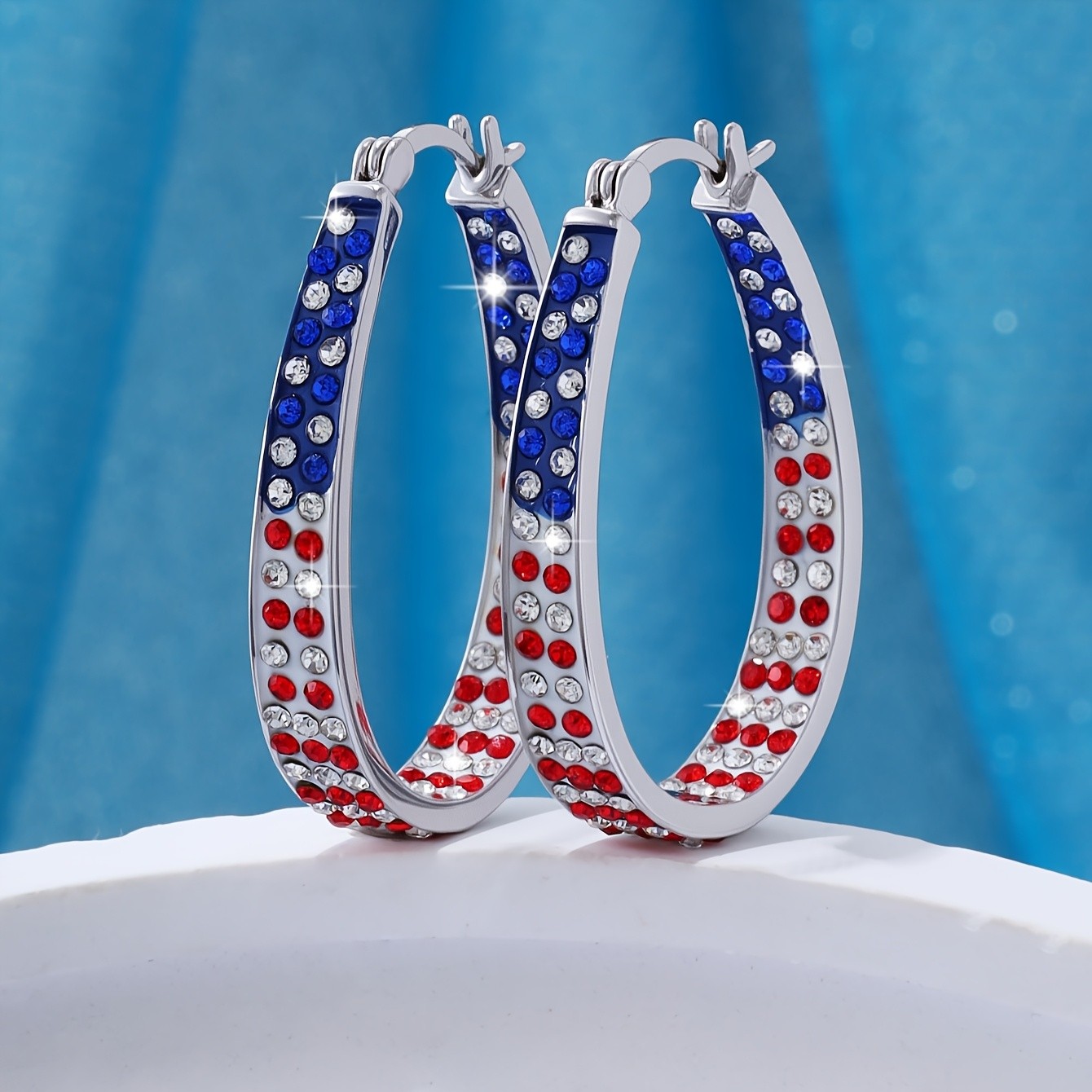 American Flag Rhinestone Hoop Earring for Women Patriotic Jewelry Fourth of July