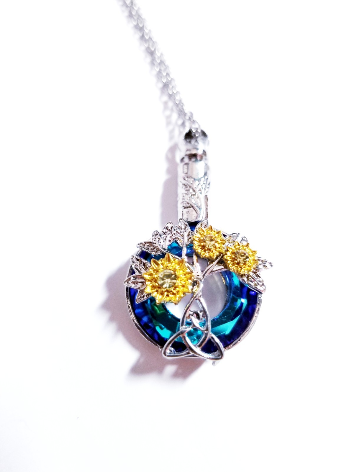 Silver Tone Urn Cremation Memorial Necklace Sunflowers Pendant for Ashes Blue